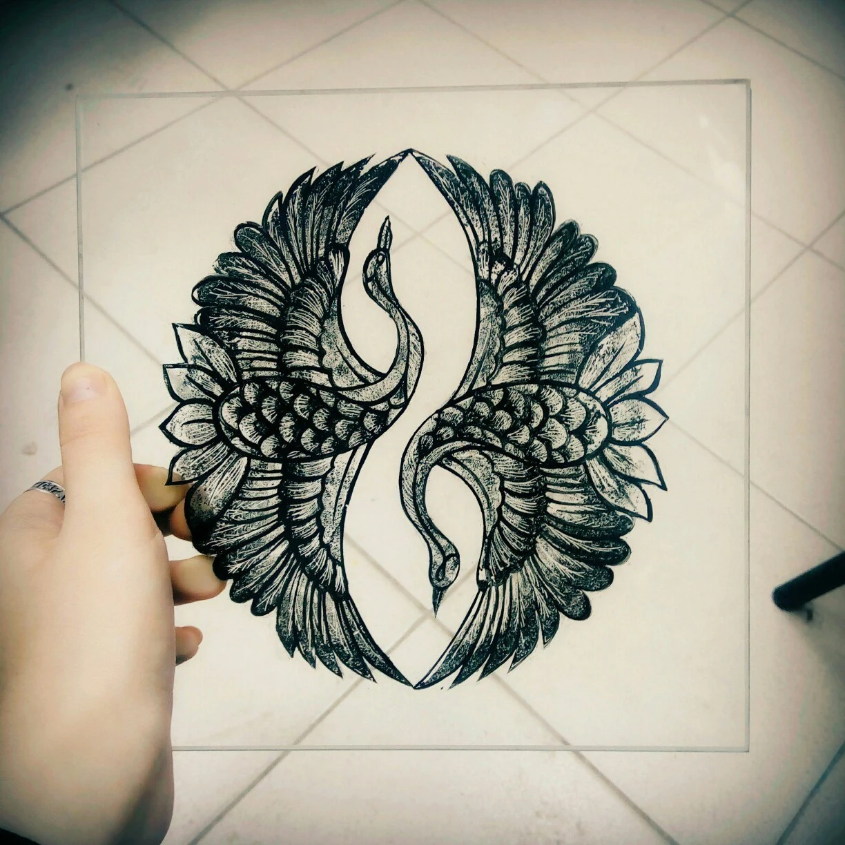 Графика: журавли на прозрачной пластине